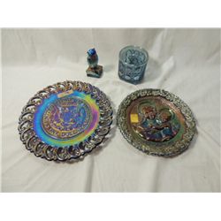 LOT 4 BLUE CARNIVAL GLASS PIECES
