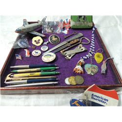 BOX LOT MISC PENS, BUTTONS, TOY, NAILS, KEY CHAIN