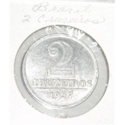 1957 BRAZIL 2 TWO CRUZEIROS *VERY RARE HARD TO FIND-AU HIGH GRADE COIN*!! COIN CAME OUT OF SAFE!!