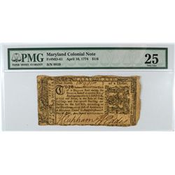 1774 $1 MARYLAND COLONIAL CURRENCY PMG 25