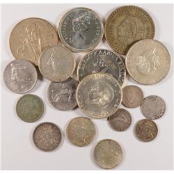 LOT OF ( 17 ) FOREIGN SILVER COINS, MANY OLDER DATES AND LARGE COINS