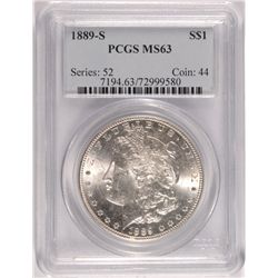 1889-S MORGAN SILVER DOLLAR, PCGS MS 65 GEM, BLAST WHITE, RARE!!