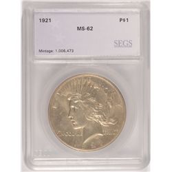 1921 PEACE SILVER DOLLAR, SEGS MS-62 VERY NICE!