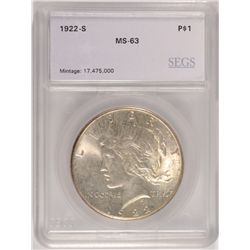 1922-S PEACE SILVER DOLLAR, SEGS MS-63 NICE!
