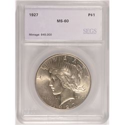 1927 PEACE SILVER DOLLAR, SEGS MS-60  NICE!