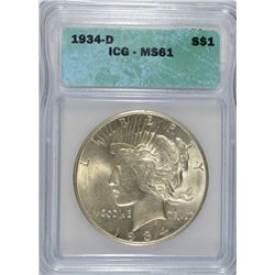1934-D PEACE SILVER DOLLAR, ICG MS-61  NICE