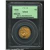 Image 1 : 1908 $5 MS63 PCGS. Deep lemon-gold color, with a few areas of dark gray color near the margins. A sh
