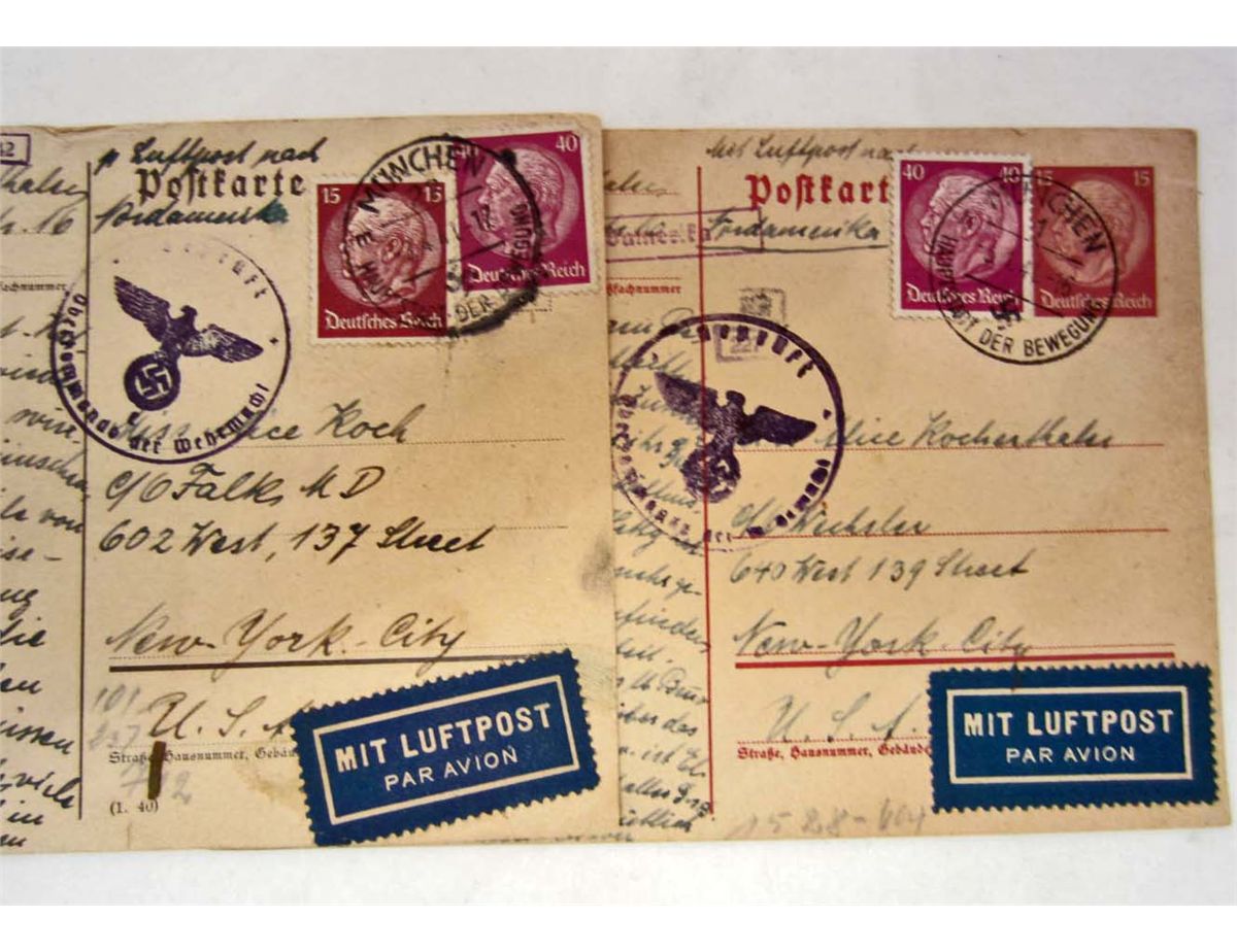 LOT OF 7 VINTAGE GERMAN NAZI POSTCARDS W/ 13 CANCELLED STAMPS