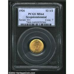 1926 $2 1/2 Sesquicentennial MS64 PCGS. Olive-gold peripheral highlights frame more subdued, medium.
