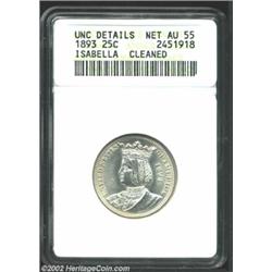 1893 25C Isabella Quarter--Cleaned--ANACS. Unc Details, Net AU55. Lustrous and well struck with ligh
