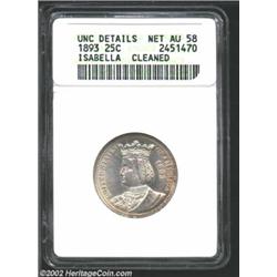 1893 25C Isabella Quarter--Cleaned--ANACS. Unc Details, Net AU58. The borders have rich golden-brown