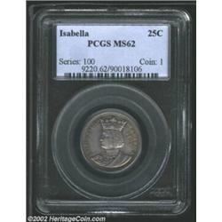 1893 25C Isabella Quarter MS62 PCGS. A lustrous Commemorative that has rich lavender patina and a fe