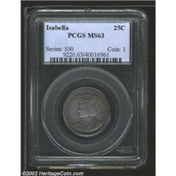 1893 25C Isabella Quarter MS63 PCGS. Green-gray patina encircles the lavender centers. A lustrous an