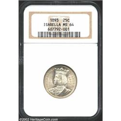 1893 25C Isabella Quarter MS64 NGC. The reverse border has a band of lovely golden-brown patina. A l