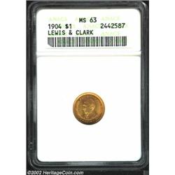 1904 G$1 Lewis and Clark MS63 ANACS. The dominant orange-gold color deepens a little to reddish-gold