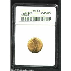 1926 $2 1/2 Sesquicentennial MS62 ANACS. Yellow-gold in color with a rich, frosty sheen, the surface