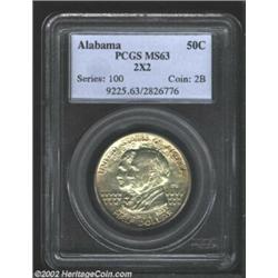 1921 50C Alabama 2x2 MS63 PCGS. Delicate golden-gray iridescence decorates both sides, and there are