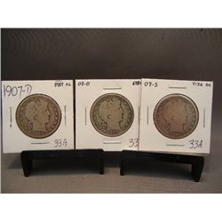 3 Barber Half Dollars: 1907-D, S, & O