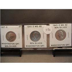 3 Silver Washington Quarters, 90% Silver: 1937-S, 1934-D, and 1944-D