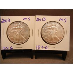 (2) 2013 American Silver Eagles .999 Fine Silver One Troy Ounce MS