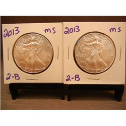 (2) 2013 American Silver Eagles .999 Fine Silver One Troy Ounce MS