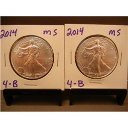 (2) 2014 American Silver Eagles .999 Fine Silver One Troy Ounce MS