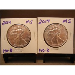 (2) 2014 American Silver Eagles .999 Fine Silver One Troy Ounce MS