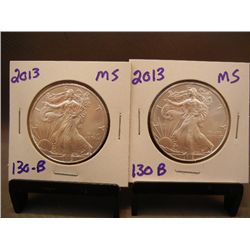 (2) 2013 American Silver Eagles .999 Fine Silver One Troy Ounce MS