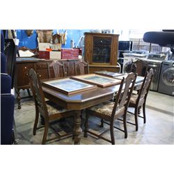 1940S 9PC DINING SET;  TABLE, 6 CHAIRS, SIDEBOARD BUFFET AND SINGLE DRAWER CHINA CABINET