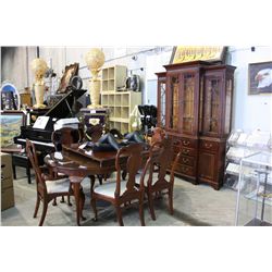 DARK WOOD 11PC DINING SET; INCLUDING TABLE, 2 LEAF, 6 CHAIRS, BUFFET AND HUTCH