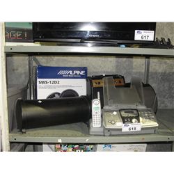 SHELF LOT INCLUDING SPEAKERS, GUITAR AMP, FAX MACHINE AND MORE