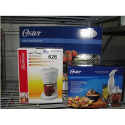 OSTER ELECTRIC GRILL, OSTER HAND BLENDER AND A SUNBEAM HOT WATER DISPENSOR