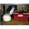 Image 1 : BASKET OF MISC ITEMS AND 2 MOTORCYCLE HELMETS