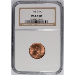 1945-D LINCOLN CENT, NGC MS-67 RED! RARE!
