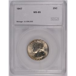 1947 WASHINGTON QUARTER, SEGS MS-65 GEM