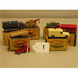 Six boxed early Matchbox cars, No 10 small van and tractor, No 10 Foden lorry, No 11 ERF Petrol t…
