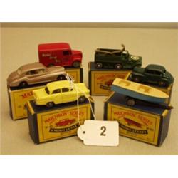 Six early boxed Matchbox cars, No 44 Rolls Royce, No 45 Vauxhall Victor, No 46 Morris Minor, No 4…