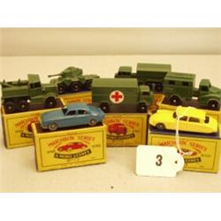 Seven early boxed Matchbox cars, No 62 AEC Lorry, No 63 Army Ambulance, No 64 Scammell Army Truck…