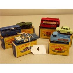 Six early boxed Matchbox cars, No 55 Police car, No 56 London Bus, No 57 Wolsley, No 58 Coach, No…