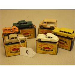 Six early boxed Matchbox cars, No 28 Compressor, No 29 Milk Float, No 30 Ford Prefect, No 31 Stat…