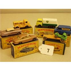 Six early boxed Matchbox cars, No 25 Bedford van, No 25 Petrol Tanker, No 27 Bedford Low Loader, …