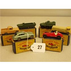 Six early boxed Matchbox cars, No 50 Pick Up Truck, No 51 Cement Lorry, No 52 Maserati, No 53 Ast…