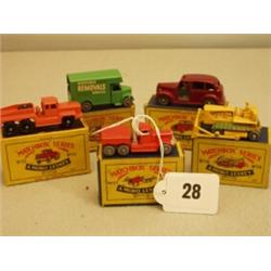 Five early boxed Matchbox cars, No 15 Prime Mover, No 15 Atlantic Tractor, No 17 Removal Van, No …