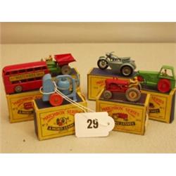 Six early boxed Matchbox cars, No 1 Road Roller, No 2 Dumper, No 3 Cement Mixer, No 4 Tractor, No…
