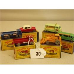Six early boxed Matchbox cars, No 20 ERF Lorry, No 20 ERF Lorry, No 21 Coach, No 21 Milk Float, N…