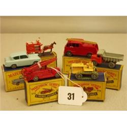 Six early boxed Matchbox cars, No 6 Quarry Truck, No 7 Horse Drawn Milk Float, No 7 Ford Anglia, …