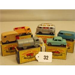 Six early boxed Matchbox cars, No 34 Volkswagon Van, No 34 Camper Van, No 35 Horse Box, No 36 Aus…