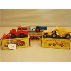 Three boxed Matchbox king size, No K3 Hatra Tractor, No K 7 Curtis Wright Dumper and No K 11 Trac…