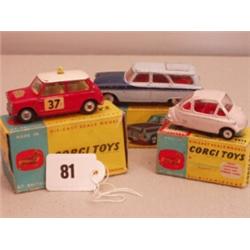 Three boxed Corgi cars No 233 Bubble Car, No 317 Mini Cooper S, No 424 Ford Zephyr…