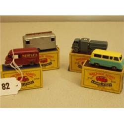 Seven early boxed Matchbox cars No 71 Army Truck, No 71 Army Truck, No 69 Commer Van, No 70 Thame…